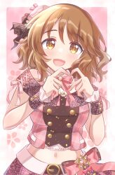  1girl bare_shoulders belt black_belt black_ribbon black_wrist_cuffs blush bow bowtie breasts brown_eyes brown_hair dot_nose dress_bow floral_background flower gradient_background hair_bow hair_flower hair_ornament hair_ribbon hakkaumai hands_up heart heart_hands highres idolmaster idolmaster_cinderella_girls idolmaster_cinderella_girls_starlight_stage large_breasts looking_at_viewer navel off-shoulder_shirt off_shoulder open_mouth pink_background pink_bow pink_bowtie pink_flower pink_shirt plaid plaid_shirt ribbon shirt short_hair smile solo tsukimiya_miyabi upper_body wavy_hair wrist_cuffs 