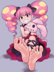  1girl absurdres aomoro armband bad_id bad_pixiv_id bakugan bakugan:_battle_planet barefoot blonde_hair blush bow child china_riot clenched_teeth crossed_legs doll dress evil_grin evil_smile eyebrows eyelashes feet foot_focus greek_toe grey_background grin highres holding hugging_doll hugging_object leg_wrap legs long_hair looking_at_viewer multicolored_clothes multicolored_dress multicolored_hair pink_hair pov purple_eyes sharp_teeth short_twintails simple_background sitting smile soles solo stuffed_animal stuffed_rabbit stuffed_toy teasing teeth toes toy twintails wristband  rating:Sensitive score:221 user:danbooru