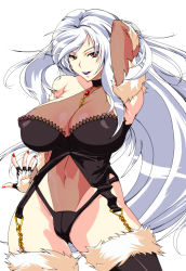  1girl armpits bare_shoulders boots breasts chain choker cleavage collarbone corset covered_erect_nipples curvy detached_sleeves female_focus fingerless_gloves freia_kagami garter_straps gloves grin highres huge_breasts leotard lipstick long_hair looking_at_viewer makeup nail_polish navel nipple_slip nipples open_mouth panties parted_lips partially_visible_vulva plump purple_lips red_eyes red_nails see-through side_shape silver_hair simple_background smile solo thigh_boots thighhighs underwear very_long_hair white_background wrestle_angels wrestle_angels_survivor wrestle_angels_survivor_2 wrestling_outfit 