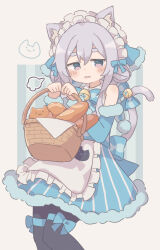  absurdres animal_ears apron basket bell blue_dress bread cat_ears cat_girl cat_tail colon_br dress food grey_hair highres holding holding_basket maimai_(game) open_mouth purple_eyes salt_(maimai) tail tail_bell tail_ornament white_apron 