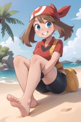  1girl barefoot beach biker_clothes creatures_(company) foot_focus game_freak looking_at_viewer may_(pokemon) nintendo pokemon pokemon_rse sitting smile soles solo toes tomboy  rating:Sensitive score:24 user:fleabag69
