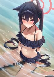 1girl absurdres amane_sora animal_ear_fluff animal_ears bare_arms bare_legs bare_shoulders beach bikini black_bikini black_hair blue_archive blush breasts cat_ears cleavage closed_mouth collarbone extra_ears frilled_bikini frills hair_between_eyes halo highres long_hair looking_at_viewer ocean outdoors partially_submerged red_eyes red_halo serika_(blue_archive) serika_(swimsuit)_(blue_archive) shore sitting small_breasts solo swimsuit twintails wariza water 