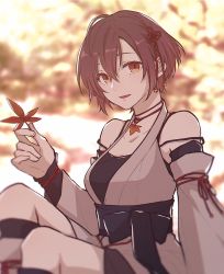  1girl autumn autumn_leaves brown_eyes brown_hair detached_sleeves holding holding_leaf japanese_clothes jewelry leaf looking_at_viewer meiko_(vocaloid) necklace short_hair smile solo tsugai_kogarashi_(vocaloid) vocaloid xxxxxxxxxlr 