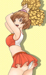 1girl arms_up ass brown_eyes brown_hair cheerleader crop_top highres looking_at_viewer official_alternate_costume open_mouth panties persona persona_4 persona_4_the_golden polka_dot polka_dot_background pom_pom_(cheerleading) satonaka_chie short_hair solo sugajyun underwear white_panties wristband 