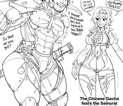  1boy 1girl abs absurdres bb_(baalbuddy) bodysuit breasts commentary crossover crying english_commentary english_text eula_(genshin_impact) facial_hair genshin_impact greyscale hairband head_out_of_frame highres holding holding_sword holding_weapon looking_at_another looking_down male_focus medium_breasts meme metal_gear_(series) metal_gear_rising:_revengeance monochrome muscular muscular_male over_shoulder samuel_rodrigues simple_background smile sparkle standing sword sword_over_shoulder text_focus the_jews_fear_the_samurai_(meme) thick_thighs thighhighs thighs thought_bubble trembling weapon weapon_over_shoulder white_background wide_hips zettai_ryouiki  rating:Sensitive score:37 user:danbooru