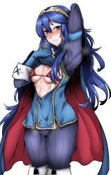  1girl absurdres arm_up armband bikini bikini_under_clothes blue_eyes blue_hair blush breasts cameltoe cape cleft_of_venus commentary_request fingerless_gloves fire_emblem fire_emblem_awakening gggg gloves hair_ornament highres long_hair looking_at_viewer lucina_(fire_emblem) nintendo open_clothes open_shirt simple_background small_breasts smile solo steam sweat swimsuit tiara very_long_hair white_background  rating:Questionable score:55 user:danbooru