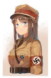  1girl armband belt black_hat blue_eyes brown_hair brown_hat commentary cross germany hat highres iron_cross jacket long_hair military military_hat military_jacket military_uniform multicolored_clothes multicolored_hat nazi necktie original red_armband red_hat reichsadler solo sturmabteilung swastika unicron_(brous) uniform upper_body world_war_ii  rating:Sensitive score:27 user:danbooru
