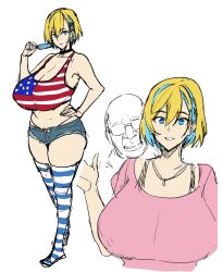 1boy 1girl ass blonde_hair blue_eyes breasts food glasses highres homestay_ntr_(takeda_hiromitsu) huge_breasts ice_cream mature_female mira_(homestay_ntr) multicolored_hair old old_man short_hair source_request swimsuit takeda_hiromitsu