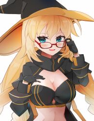  1girl aesc_(9th_anniversary)_(fate) aesc_(fate) arkchsky blonde_hair blue_eyes blush braid breasts cleavage commentary_request fate/grand_order fate_(series) glasses hat large_breasts long_hair long_sleeves looking_at_viewer official_alternate_costume open_mouth smile solo twin_braids witch_hat 