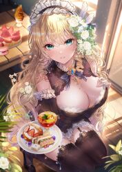  1girl bare_shoulders black_dress blonde_hair blush breasts brooch cafe cake cleavage curly_hair dress feathers flower food frills garter_straps genshin_impact green_eyes hair_flower hair_ornament highres ice_cream jewelry large_breasts legs long_hair looking_at_viewer maid maid_headdress miyu_(miyulein) navia_(genshin_impact) open_mouth ribbon sitting smile solo strap sundae sweets thick_thighs thighhighs thighs white_flower 