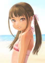  1girl beach bikini blue_sky brown_hair commentary_request flat_chest hair_ribbon highres horizon light_smile long_hair looking_at_viewer ocean original outdoors parted_lips pink_bikini pink_ribbon red_eyes ribbon sky solo striped_bikini striped_clothes sunlight swimsuit tan tanline twintails upper_body uzuki_mei 