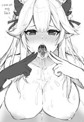  1girl absurdres breasts chilichi5 cum cum_in_mouth cum_on_body cum_on_breasts cum_on_upper_body english_text gloves highres huge_breasts large_breasts long_hair looking_at_viewer monochrome nipples open_mouth oral_invitation pointy_ears sketch solo tagme vei_(vtuber) virtual_youtuber vshojo  rating:Explicit score:217 user:justtrynanut