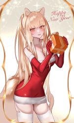  1girl animal_ears artist_name bare_shoulders blonde_hair breasts cat_ears cat_girl christmas christmas_present cleavage collarbone commentary covered_navel cowboy_shot detached_sleeves dress english_commentary english_text garter_straps gift gloves highres holding holding_gift large_breasts light_blush long_hair looking_at_viewer original parted_lips red_gloves red_sleeves ringeko-chan santa_dress sidelocks skindentation smile solo thighhighs very_long_hair white_garter_straps white_thighhighs yellow_eyes 
