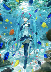  1girl :d aqua_eyes aqua_hair aqua_nails aqua_necktie bare_shoulders black_skirt black_sleeves black_thighhighs blurry blurry_background bubble caustics clownfish commentary_request detached_sleeves discover5 fish foreshortening freediving full_body hair_ornament hatsune_miku hatsune_miku_(vocaloid4) headphones highres holding holding_microphone long_hair looking_at_viewer microphone microphone_cord miniskirt nail_polish necktie ocean open_mouth outstretched_arm pleated_skirt reaching reaching_towards_viewer regal_blue_tang sea_turtle seafloor shirt shoulder_tattoo skirt sleeveless sleeveless_shirt smile solo standing surgeonfish tattoo thighhighs tropical_fish turtle twintails underwater v4x very_long_hair vocaloid white_shirt yellow_tang zettai_ryouiki 