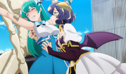  2girls ahoge armpits arms_up bat_wings blue_hair blush bow breasts clenched_teeth corset highres hiiragi_utena horns magia_azure magia_baiser magical_girl mahou_shoujo_ni_akogarete medium_breasts minakami_sayo multiple_girls official_art open_mouth outdoors pasties purple_hair restrained ribbon screencap sideboob smile star_pasties stitched symbol-shaped_pupils tagme teeth third-party_edit tickling torn_clothes wings yuri  rating:Questionable score:21 user:KRider19