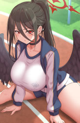  1girl black_choker black_hair blue_archive blue_shorts breasts choker gym_uniform hair_between_eyes halo hasumi_(blue_archive) hasumi_(track)_(blue_archive) highres jacket large_breasts long_hair looking_at_viewer mole mole_under_eye open_clothes open_jacket outdoors parted_lips ponytail red_eyes shirt short_shorts shorts sidelocks sitting solo spread_legs thighs track_jacket very_long_hair white_shirt wings yasojima_nejiro  rating:Sensitive score:58 user:danbooru