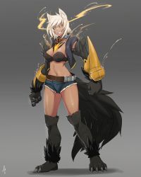  1girl absurdres animal_ears animal_hands bad_id bad_pixiv_id belt black_sclera blazblue breasts bullet_(blazblue) claws collar colored_eyelashes colored_sclera crossover denim denim_shorts dog_ears dog_paws dog_tail fangs full_body fur fusion grey_background grin hellhound_(monster_girl_encyclopedia) highres large_breasts less micro_shorts monster_girl monster_girl_encyclopedia monster_girl_encyclopedia_ii navel scar shadow short_shorts shorts signature smile solo spiked_collar spikes standing tail vest white_hair yellow_eyes  rating:Sensitive score:135 user:danbooru