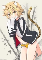  1boy absurdres animal_ears bamboo barefoot blonde_hair blush briefs brown_eyes bulge chinese_zodiac feet grin highres jacket kneeling looking_at_viewer male_focus male_underwear multicolored_hair navel orange_male_underwear original pocchipocchi shota sleeves_past_wrists smile solo streaked_hair tail tiger_boy tiger_ears tiger_tail toes underwear year_of_the_tiger  rating:Questionable score:70 user:ponekad