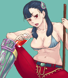  1girl aliasing armor artist_request ashei bare_shoulders belt bikini black_hair breasts breath buckle cleavage covered_erect_nipples drink drinking_straw female_focus green_background hair_ornament hair_over_shoulder knee_up large_breasts looking_at_viewer lowres navel nintendo open_mouth pants red_eyes simple_background sitting solo staff sweat swimsuit the_legend_of_zelda twintails underboob  rating:Questionable score:56 user:XShrike0