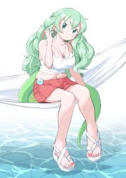  1girl absurdres bare_shoulders blush boomslang_(kemono_friends) casual earrings green_eyes green_hair hammock hand_in_own_hair highres jewelry kemono_friends long_hair midriff multicolored_hair nail_polish navel parsley_(simonov1941) pink_nails red_hair red_shorts sandals shirt short_shorts shorts sitting sleeveless snake_girl snake_tail solo spaghetti_strap tail tank_top two-tone_hair water white_footwear white_shirt 