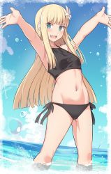 1girl bare_arms bare_shoulders bikini black_bikini blonde_hair cameltoe cloud commentary_request day fate/grand_order fate_(series) flower hair_flower hair_ornament in_water long_hair looking_at_viewer lord_el-melloi_ii_case_files navel open_mouth outdoors reines_el-melloi_archisorte shiseki_hirame side-tie_bikini_bottom solo standing stretching swimsuit teeth wading white_flower rating:Sensitive score:19 user:danbooru