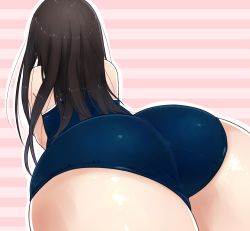 1girl ass ass_focus bare_shoulders bent_over black_hair blue_one-piece_swimsuit close-up from_behind highres huge_ass long_hair one-piece_swimsuit original pink_background school_swimsuit solo striped striped_background swimsuit thighs wachiwo  rating:Questionable score:98 user:danbooru