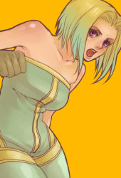  1girl :o bare_shoulders blonde_hair blush bodysuit boots breasts brown_gloves clenched_hand collarbone cowboy_shot female_focus final_fantasy final_fantasy_tactics gloves gradient_hair green_hair leaning_forward long_hair looking_at_viewer medium_breasts monk monk_(fft) multicolored_hair open_mouth orange_background p&#039;s_oyasumichuu purple_eyes sato_(pixiv3277735) short_hair simple_background solo strapless teeth unitard 