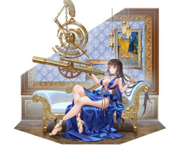  1girl bare_legs blue_choker blue_dress blue_eyes blunt_bangs breasts bright_pupils brooch brown_hair center_opening chain chain_necklace champagne_flute choker collarbone couch crossed_legs cup cushion dress drinking_glass earrings evening_gown gladiator_sandals gold_footwear hanging_light high_heels highres holding holding_cup holding_telescope indoors jewelry large_breasts layered_dress long_dress long_hair looking_at_viewer necklace on_couch original pelvic_curtain picture_frame purple_nails sandals sidelocks sitting smile star_(symbol) telescope very_long_hair victorian wallpaper_(object) white_gemstone white_pupils wide_shot wooden_floor yaxiya 