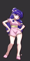  1girl absurdres bare_legs black_background breasts china_dress chinese_clothes closed_mouth double_bun dress elementary female_focus full_body hair_bobbles hair_bun hair_ornament hands_on_own_hips highres long_hair looking_at_viewer medium_breasts pink_dress pink_footwear purple_hair ranma_1/2 red_eyes shampoo_(ranma_1/2) short_dress short_sleeves sidelocks simple_background smile solo standing thighs 