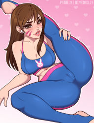1girl airpods blue_pants blue_sports_bra blush breasts brown_eyes brown_hair cameltoe cleavage cleft_of_venus collarbone commentary commission d.va_(overwatch) dimedrolly english_commentary eyeliner facial_mark feet_out_of_frame flexible full_body gradient_background heart heart_background large_breasts leg_behind_shoulder lips long_hair lying makeup midriff mismatched_eyebrows navel nose_blush on_back outline overwatch overwatch_1 pants patreon_username pink_background pink_lips simple_background solo sports_bra spread_legs stirrup_legwear thick_eyebrows toeless_legwear toned whisker_markings wide_hips wireless_earphones yoga yoga_pants rating:Questionable score:151 user:danbooru