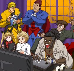  2girls 4boys arcueid_brunestud ashiyu_(ashmouautz) blazblue controller crossover dimitri_maximoff dio_brando food game_controller guilty_gear guilty_gear_strive highres jojo_no_kimyou_na_bouken looking_at_object magazine_(object) melty_blood multiple_boys multiple_crossover multiple_girls nagoriyuki playing_games rachel_alucard reading slayer_(guilty_gear) tagme television tsukihime vampire vampire_(game) 