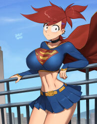  1girl alternate_breast_size barleyshake belt black_eyes blue_sky breasts cape cartoon_network collarbone cosplay curvy day dc_comics ear_piercing foster&#039;s_home_for_imaginary_friends frankie_foster highres huge_breasts jewelry light_blush navel necklace piercing ponytail railing red_hair serious skirt sky spiked_hair supergirl superman_(series) 
