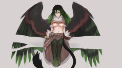  1girl animal_hands black_hair breasts claws feathered_wings full_body fur_collar gradient_hair green_eyes green_hair grey_background griffon_(monster_girl_encyclopedia) hair_between_eyes large_breasts large_wings lion_tail long_hair looking_at_viewer monster_girl multicolored_hair navel paintrfiend simple_background sitting smile spread_wings stomach tail third-party_edit underboob waist_cape wings  rating:Sensitive score:11 user:RuESTaTE