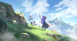  2girls absurdres beishang_yutou black_dress black_pantyhose blue_sky blunt_ends capelet chinese_commentary cloud commentary_request day dress elf fern_(sousou_no_frieren) floating_hair fog frieren grass half_updo hand_up highres holding holding_suitcase landscape mountain mountainous_horizon multiple_girls outdoors pantyhose pointy_ears purple_hair rock scenery sky sousou_no_frieren standing suitcase twintails white_capelet white_dress white_footwear white_hair wide_shot wind 