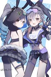  2girls :d animal_ears ass black_gloves black_jacket black_ribbon black_shorts blue_background blue_hair bronya_zaychik bronya_zaychik_(haxxor_bunny) brown_eyes closed_mouth commentary_request cropped_jacket fake_animal_ears fang fingerless_gloves gloves goggles goggles_on_head gradient_hair grey_hair hair_between_eyes hair_ornament hair_ribbon hairclip hand_up highres honkai:_star_rail honkai_(series) honkai_impact_3rd hood hood_up jacket multicolored_hair multiple_girls off_shoulder open_mouth ponytail puffy_short_sleeves puffy_sleeves rabbit_ears ribbon ringlets short_shorts short_sleeves shorts silver_wolf_(honkai:_star_rail) smile streaked_hair tare_(tonikaku_magaru) twitter_username two-tone_background v-shaped_eyebrows w white_background 