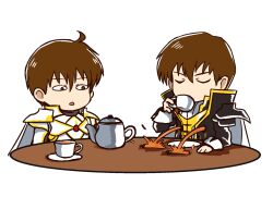  2boys :o ahoge armor ascot black_coat breastplate brown_eyes brown_hair cape chibi chibi_only closed_eyes coat commentary covered_mouth cup drinking english_commentary father_and_son fire_emblem fire_emblem:_genealogy_of_the_holy_war fire_emblem:_three_houses hair_between_eyes hand_on_table high_collar highres holding holding_cup leif_(fire_emblem) long_sleeves looking_at_another male_focus multiple_boys nintendo nyawn5 pauldrons quan_(fire_emblem) saucer short_hair shoulder_armor simple_background stain table tea teacup teapot v-shaped_eyebrows white_ascot white_background white_cape 