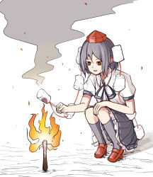  1girl black_hair black_ribbon black_skirt black_socks camping collared_shirt commentary_request fire food frilled_skirt frills full_body geta hat hauchiwa holding holding_stick kneehighs marshmallow neck_ribbon parted_lips peroponesosu. pleated_skirt pointy_ears pom_pom_(clothes) puffy_short_sleeves puffy_sleeves red_eyes red_footwear red_hat ribbon roasted_marshmallow shameimaru_aya shirt short_hair short_sleeves skirt smoke socks solo squatting stick tengu-geta tokin_hat touhou white_shirt 