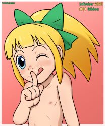  1girl 2023 absurdres artist_name blonde_hair blue_eyes closed_mouth collarbone female_focus finger_to_mouth flat_chest green_ribbon hair_ribbon highres lewdlhama licking_lips loli looking_at_viewer medium_hair mega_man_(classic) mega_man_(series) nipples nude one_eye_closed portrait red_background ribbon roll_(mega_man) sidelocks smile solo tongue tongue_out 