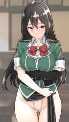  1girl belt black_belt black_gloves black_hair blurry blurry_background blush breasts brown_eyes chikuma_(kancolle) closed_mouth cowboy_shot elbow_gloves fundoshi furaggu_(frag_0416) gloves gluteal_fold green_jacket groin highres jacket japanese_clothes kantai_collection large_breasts long_hair looking_at_viewer navel short_sleeves single_elbow_glove solo 