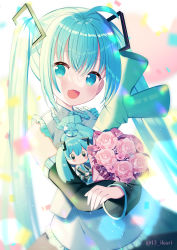  1girl :d ahoge aqua_hair black_skirt black_sleeves blue_hair bouquet character_doll collared_shirt commentary_request confetti detached_sleeves flower frilled_shirt frilled_shirt_collar frills grey_shirt hair_between_eyes hatsune_miku highres ikari_(aor3507) long_hair long_sleeves looking_at_viewer hugging_object open_mouth pink_flower pink_rose pleated_skirt rose shirt sidelocks skirt sleeveless sleeveless_shirt smile solo spring_onion twintails twitter_username very_long_hair vocaloid wide_sleeves  rating:Sensitive score:4 user:danbooru
