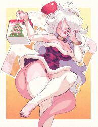  1girl ;p android_21 bag bangle black_nails blue_eyes bracelet breasts cake christmas colored_skin detached_sleeves dragon_ball dragon_ball_fighterz dress food fur-trimmed_dress fur_trim hair_between_eyes highres holding holding_bag inkerton-kun jewelry large_breasts long_hair majin_android_21 merry_christmas neck_ring one_eye_closed panties pantyshot pink_skin pointy_ears red_dress santa_dress shopping_bag short_dress solo strapless strapless_dress tail thick_thighs thighhighs thighs tongue tongue_out underwear very_long_hair white_hair white_sleeves white_thighhighs 