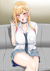  1girl absurdres barbell_piercing bare_legs black_choker black_necktie blonde_hair blue_skirt blush breasts choker cleavage collarbone colored_tips couch ear_piercing earrings essex_(azur_lane) essex_(brush_and_ink)_(azur_lane) fake_nails fellatio_gesture gradient_hair gyaru highres industrial_piercing jewelry kitagawa_marin large_breasts long_hair looking_at_viewer miniskirt multicolored_hair multiple_earrings necktie ok_sign open_mouth piercing pink_hair pink_nails plaid plaid_skirt ramiki_(ramesgoag) ring school_uniform serafuku sexually_suggestive shirt sitting skirt solo sono_bisque_doll_wa_koi_wo_suru thighs tied_shirt tongue tongue_out uniform white_shirt 
