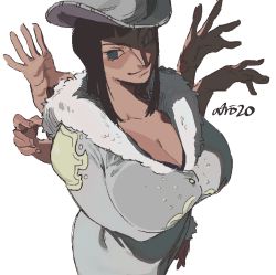  1girl absurdres black_eyes black_hair blunt_bangs breasts cleavage cowboy_shot extra_arms hana_hana_no_mi hat highres huge_breasts nico_robin one_piece shadow signature simple_background solo white_background whoopsatro  rating:Sensitive score:39 user:danbooru