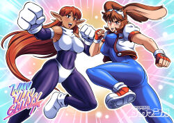  2girls absurdres arm_up ass bodysuit breasts brown_eyes brown_fur clenched_hands covered_erect_nipples covered_navel crossover elf fingerless_gloves galaxy_fight gloves goggles goggles_on_head highres jacket large_breasts legs leotard looking_at_viewer looking_back makihara_arina multiple_girls muscular muscular_female open_mouth orange_hair pointy_ears rabbit_ears roomi shoes short_hair smile sneakers spandex thick_thighs thighs toned waku_waku_7 