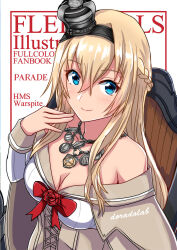  1girl blonde_hair blue_eyes braid breasts cover cover_page crown dress flower french_braid hair_between_eyes hairband highres jewelry kantai_collection long_hair long_sleeves mini_crown necklace off-shoulder_dress off_shoulder ribbon roko_roko_(doradorazz) signature smile solo upper_body warspite_(kancolle) white_dress 