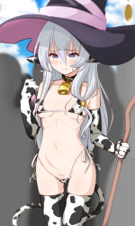 1girl animal_ears animal_print bell bikini black_hat blue_eyes blush breasts closed_mouth collar collarbone cow_ears cow_print cowbell day donutman elaina_(majo_no_tabitabi) elbow_gloves gloves hair_between_eyes hand_up hat holding holding_staff long_hair looking_down majo_no_tabitabi micro_bikini navel neck_bell outdoors print_bikini print_collar print_gloves print_thighhighs side-tie_bikini_bottom side-tie_bottom silver_hair skindentation small_breasts solo staff standing swimsuit thighhighs witch_hat rating:Questionable score:150 user:danbooru