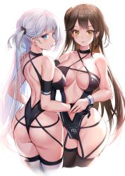 2girls anchor_symbol ass azur_lane back bare_arms bare_shoulders black_gloves black_legwear black_one-piece_swimsuit blush breasts brown_hair casual_one-piece_swimsuit cleavage closed_mouth collarbone criss-cross_halter cropped_legs earrings gloves halterneck highres holding_hands jewelry large_breasts long_hair looking_at_viewer looking_back mole mole_under_eye multiple_girls one-piece_swimsuit one_side_up parted_lips pdxen shoukaku_(azur_lane) shoukaku_(sororal_wings)_(azur_lane) silhouette simple_background smile straight_hair swimsuit thighhighs very_long_hair white_background white_legwear wide_hips wrist_cuffs yellow_eyes zuikaku_(azur_lane) zuikaku_(the_wind&#039;s_true_name)_(azur_lane) rating:Sensitive score:89 user:danbooru
