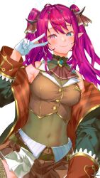  1girl absurdres anversailles breasts coat cosplay covered_navel crop_top cropped_jacket gloves halo heterochromia highres hololive hololive_english horns houshou_marine houshou_marine_(1st_costume) houshou_marine_(cosplay) irys_(hololive) jacket leotard leotard_under_clothes long_hair medium_breasts miniskirt pointy_ears purple_eyes purple_hair red_jacket skirt sleeveless sleeveless_jacket smile twintails v virtual_youtuber white_gloves 