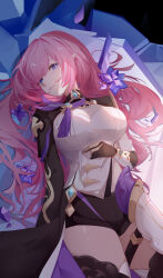  1girl absurdres black_gloves black_jacket black_shorts blue_eyes boots breasts brooch chinese_commentary cleavage commentary_request cropped_jacket crystal_flower elysia_(honkai_impact) elysia_(miss_pink_elf)_(honkai_impact) flower gloves hair_intakes hand_on_own_stomach highres honkai_(series) honkai_impact_3rd jacket jewelry knees_out_of_frame large_breasts ling_kongling long_hair looking_at_viewer lying midriff on_back parted_lips pink_flower pink_hair pointy_ears purple_pupils shirt short_shorts shorts side_slit smile solo thigh_boots thigh_strap thighs white_shirt 