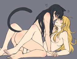 2girls ahoge all_fours animal_ears artist_request ass between_legs black_hair blake_belladonna blonde_hair blush breasts cat_ears cat_girl cat_tail couple extra_ears eye_contact face-to-face facing_another faunus_(rwby) forehead-to-forehead from_side full_body girl_on_top grey_background heads_together heart imminent_penetration kneeling large_breasts leaning_in legs_up long_hair looking_at_another looking_down looking_up lying multiple_girls nude parted_lips purple_eyes reclining rwby simple_background spread_legs tail yang_xiao_long yuri rating:Questionable score:57 user:Jalsman